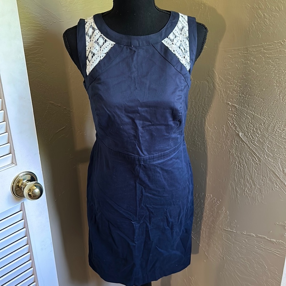 Ann Taylor navy blue & lace midi business tank dress